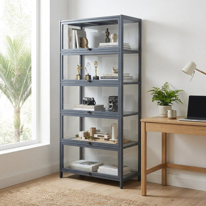 5-Tier Tall Display Cabinet with Clear Acrylic Doors - 80cm Gray