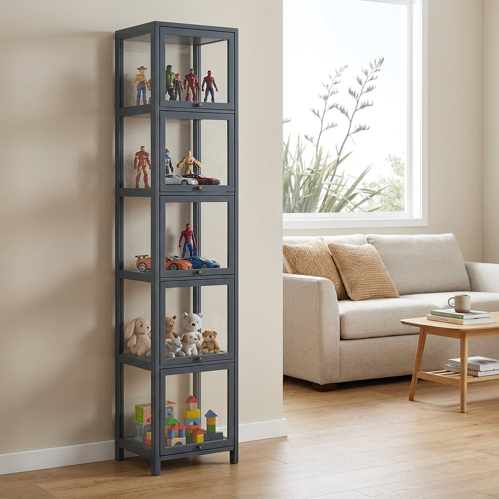 5-Tier Tall Display Cabinet with Clear Acrylic Doors - 30cm Gray