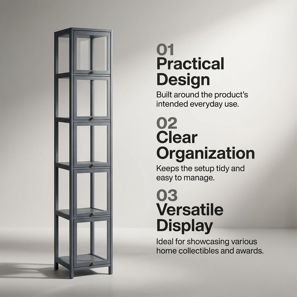 5-Tier Tall Display Cabinet with Clear Acrylic Doors - 30cm Gray