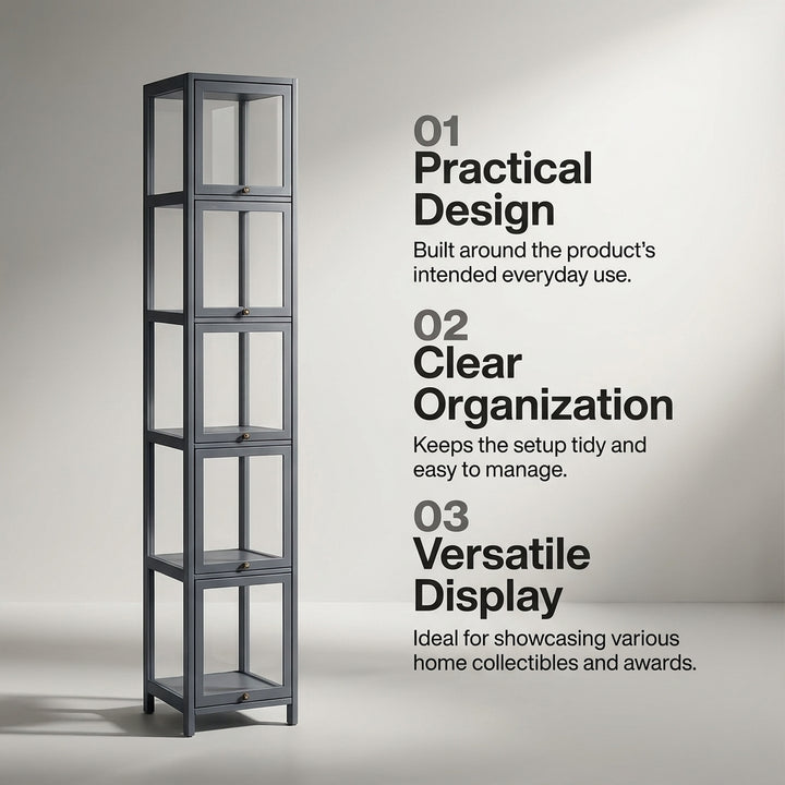 5-Tier Tall Display Cabinet with Clear Acrylic Doors - 30cm Gray