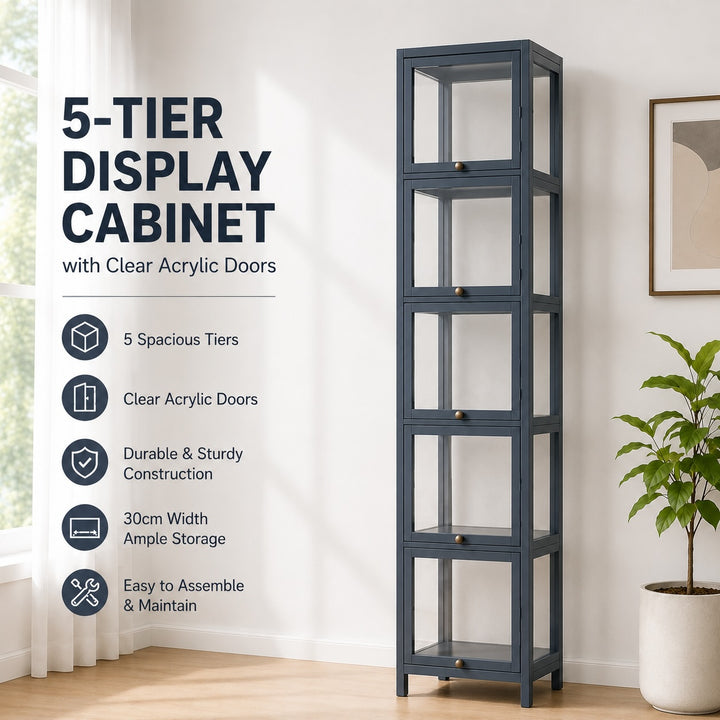 5-Tier Tall Display Cabinet with Clear Acrylic Doors - 30cm Gray