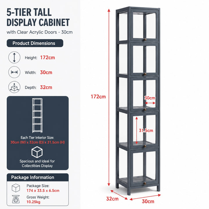 5-Tier Tall Display Cabinet with Clear Acrylic Doors - 30cm Gray