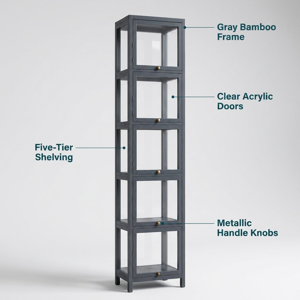 5-Tier Tall Display Cabinet with Clear Acrylic Doors - 30cm Gray