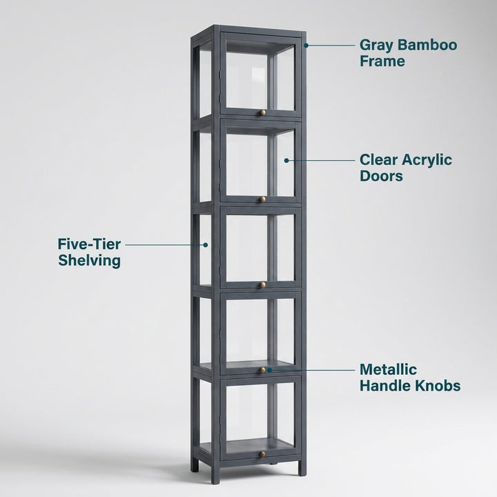5-Tier Tall Display Cabinet with Clear Acrylic Doors - 30cm Gray