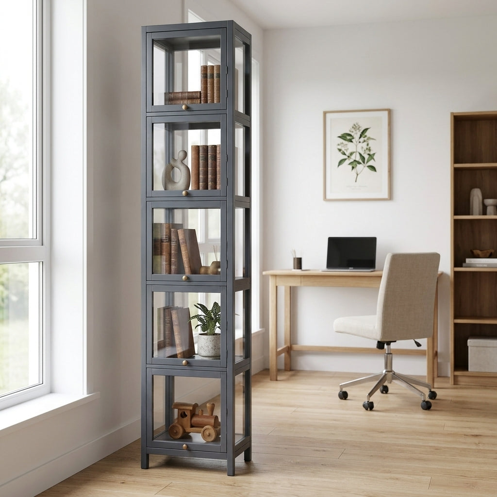 5-Tier Tall Display Cabinet with Clear Acrylic Doors - 30cm Gray