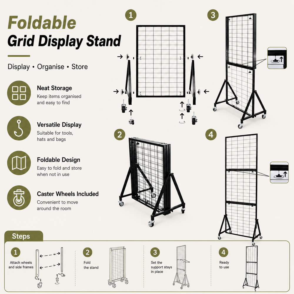 Foldable Iron Mesh Grid Display Stand with Wheels - Black, 185cm