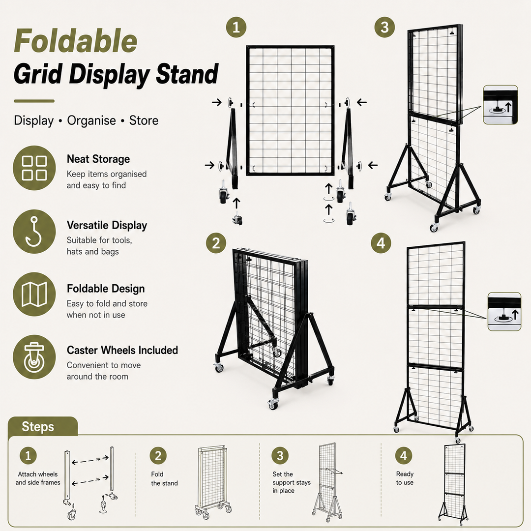Foldable Iron Mesh Grid Display Stand with Wheels - Black, 185cm