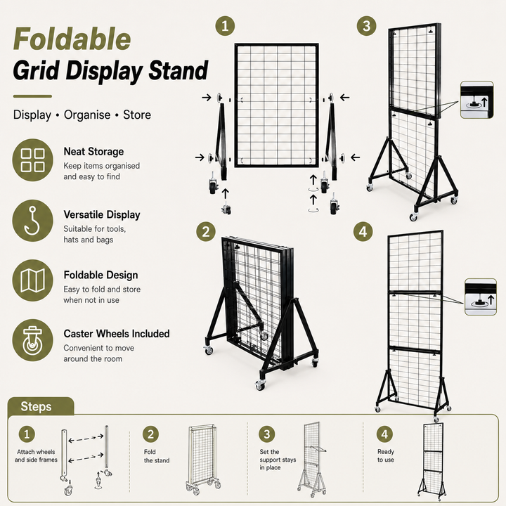 Foldable Iron Mesh Grid Display Stand with Wheels - Black, 185cm