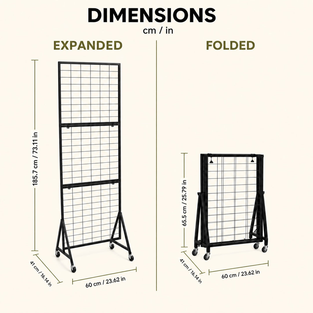 Foldable Iron Mesh Grid Display Stand with Wheels - Black, 185cm