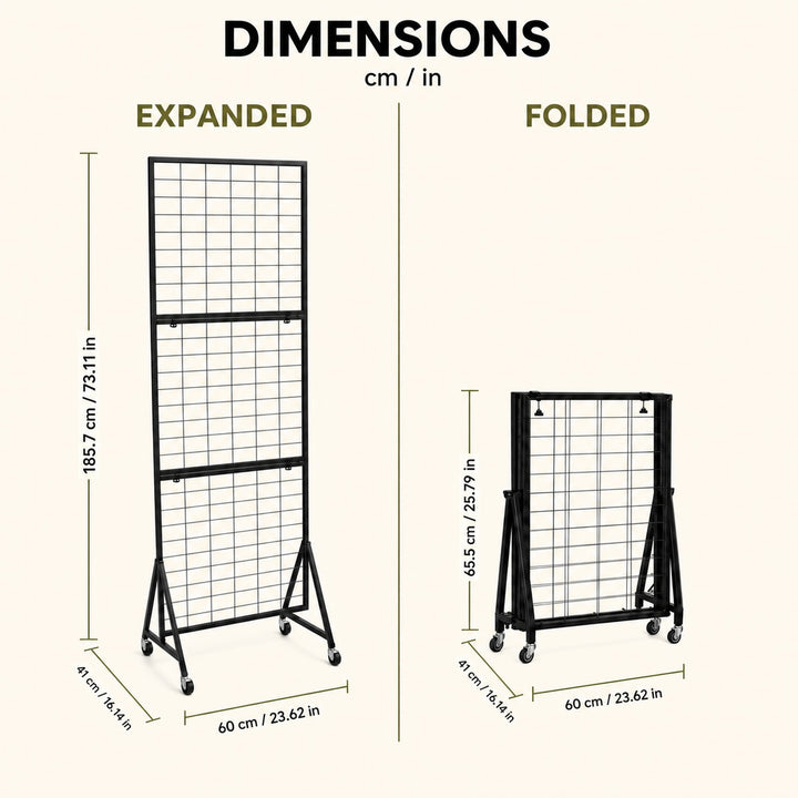 Foldable Iron Mesh Grid Display Stand with Wheels - Black, 185cm