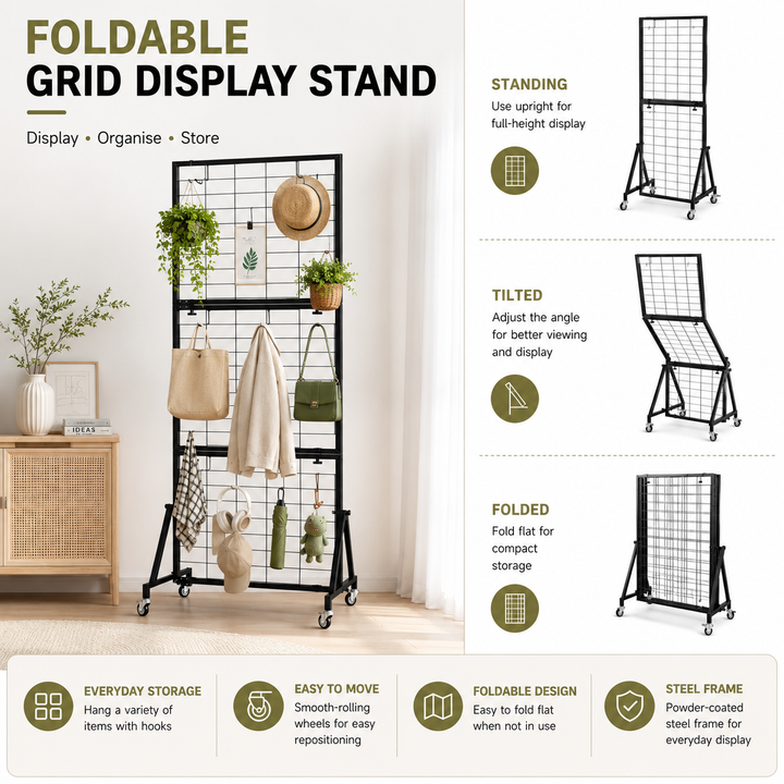 Foldable Iron Mesh Grid Display Stand with Wheels - Black, 185cm