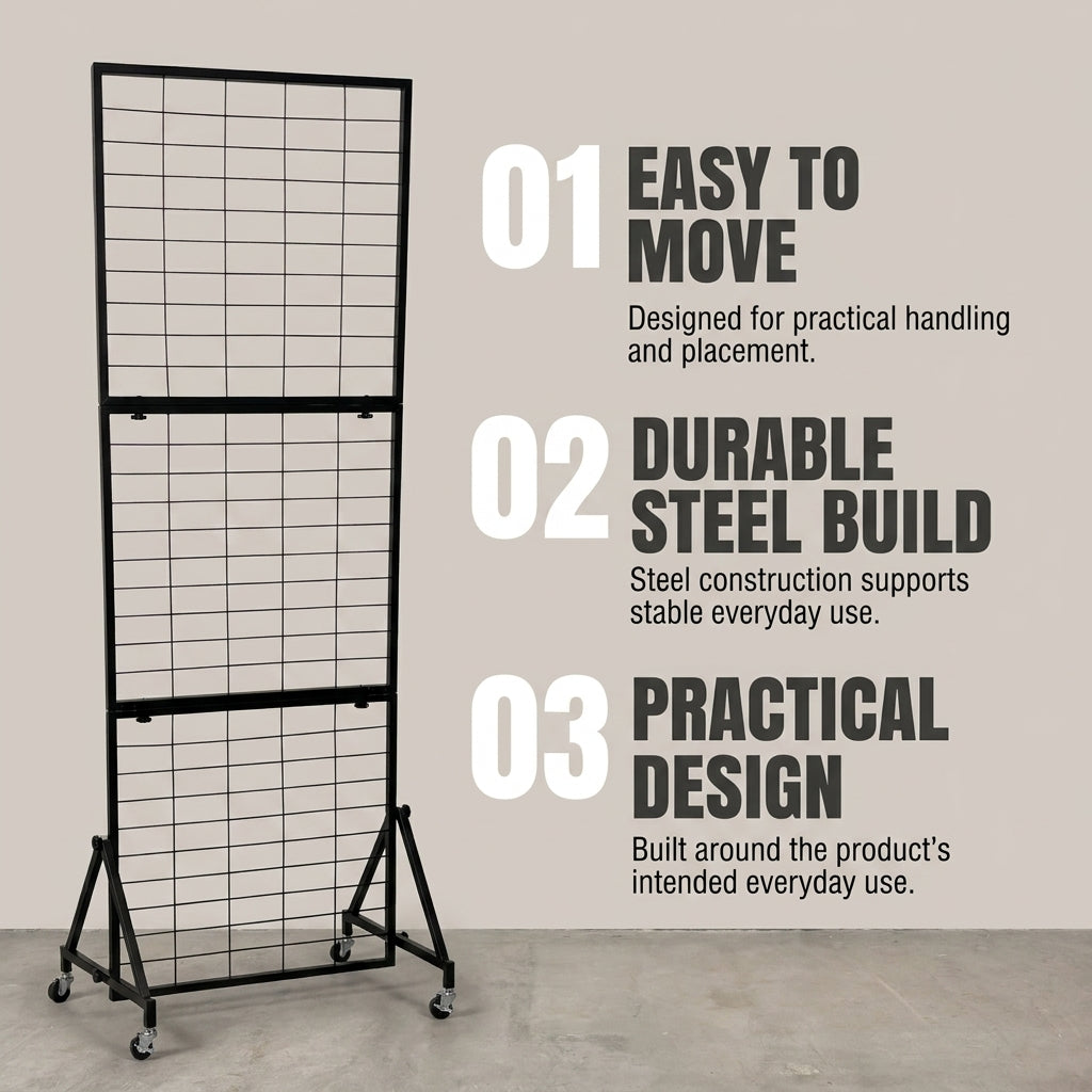 Foldable Iron Mesh Grid Display Stand with Wheels - Black, 185cm