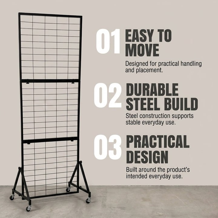 Foldable Iron Mesh Grid Display Stand with Wheels - Black, 185cm