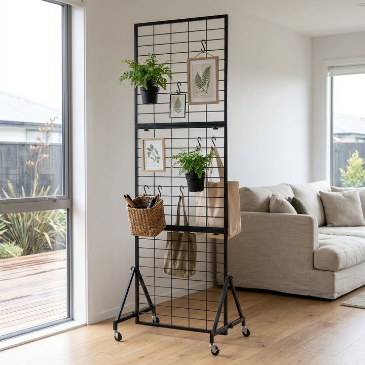 Foldable Iron Mesh Grid Display Stand with Wheels - Black, 185cm