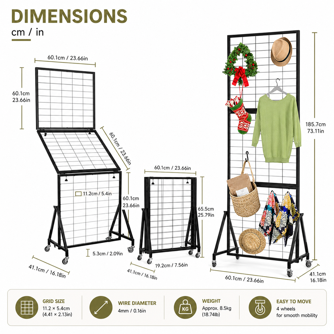 Foldable Iron Mesh Grid Display Stand with Wheels - Black, 185cm