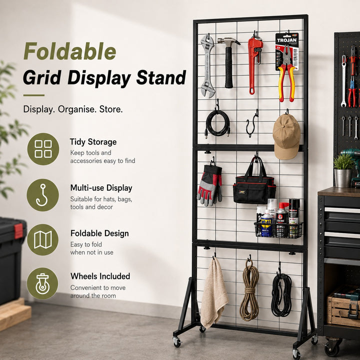 Foldable Iron Mesh Grid Display Stand with Wheels - Black, 185cm