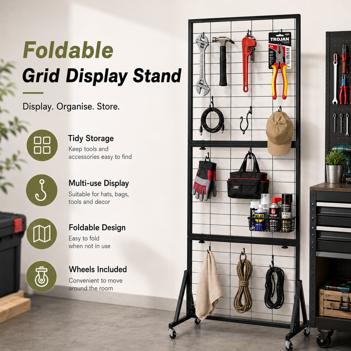 Foldable Iron Mesh Grid Display Stand with Wheels - Black, 185cm