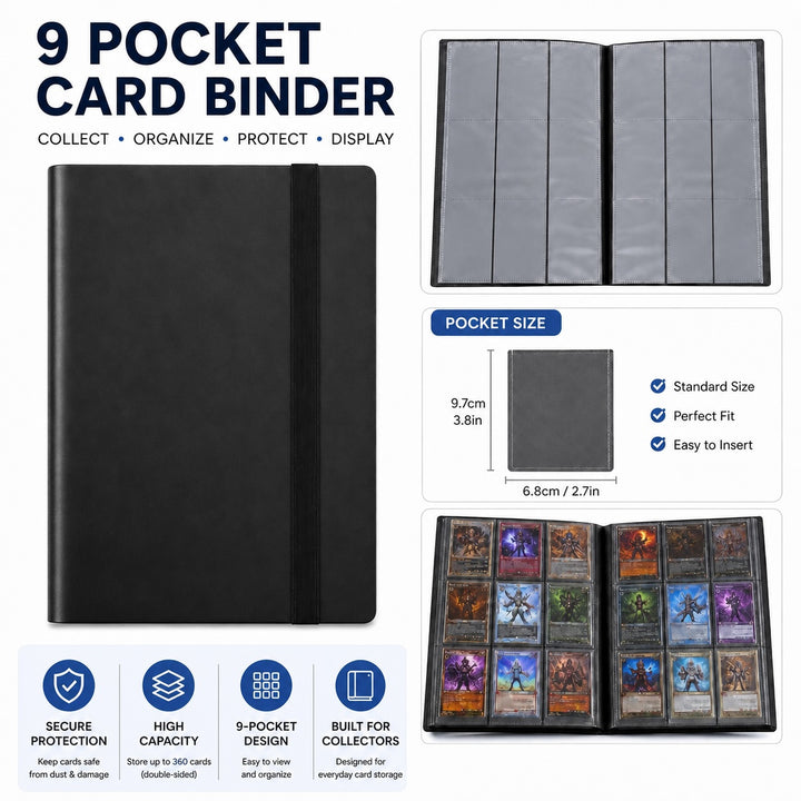 9 Pocket Trading Card Binder Album - 360 Card Capacity Side Loading - Black