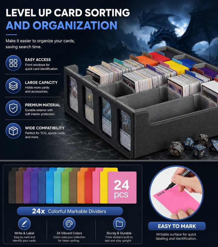 4-Row Trading Card Storage Box with Commander Display - Black & Gray