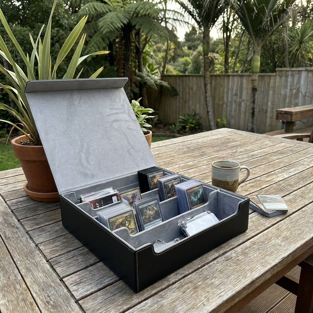 4-Row Trading Card Storage Box with Commander Display - Black & Gray