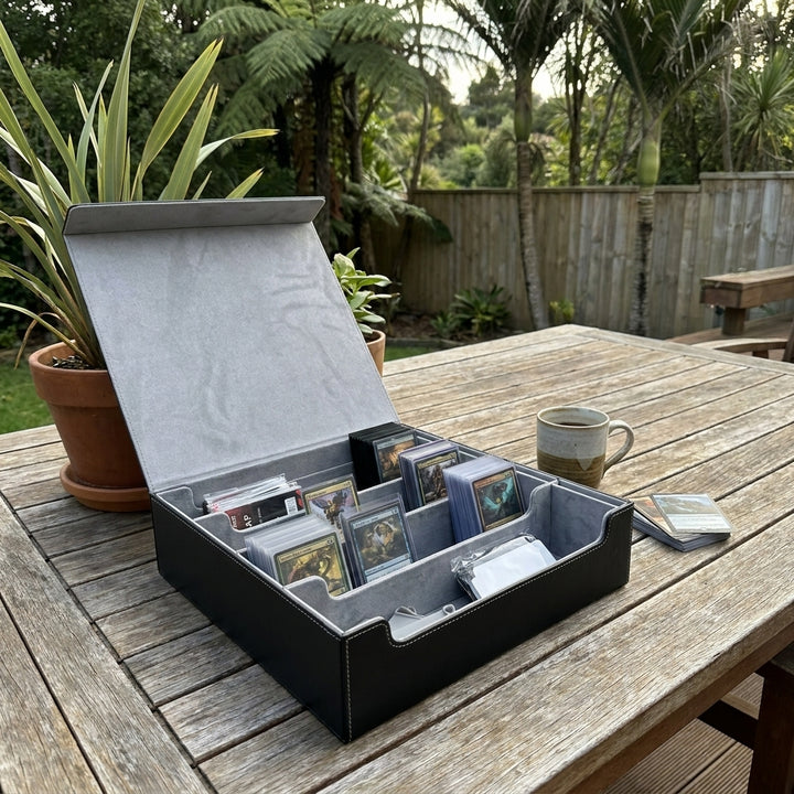 4-Row Trading Card Storage Box with Commander Display - Black & Gray