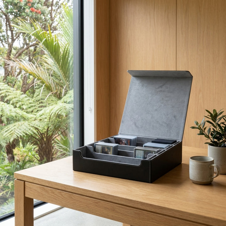 4-Row Trading Card Storage Box with Commander Display - Black & Gray