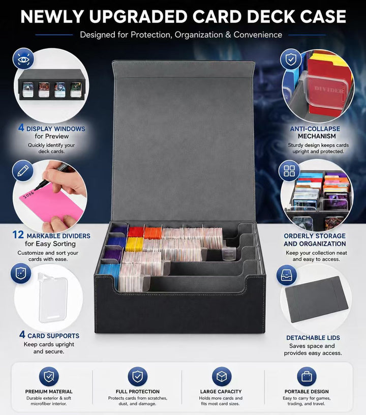4-Row Trading Card Storage Box with Commander Display - Black & Gray