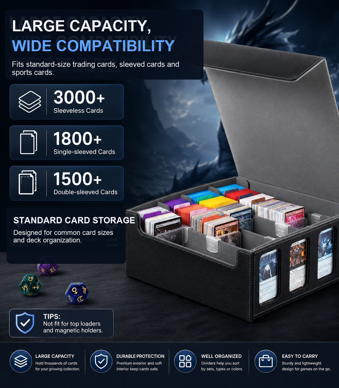 4-Row Trading Card Storage Box with Commander Display - Black & Gray