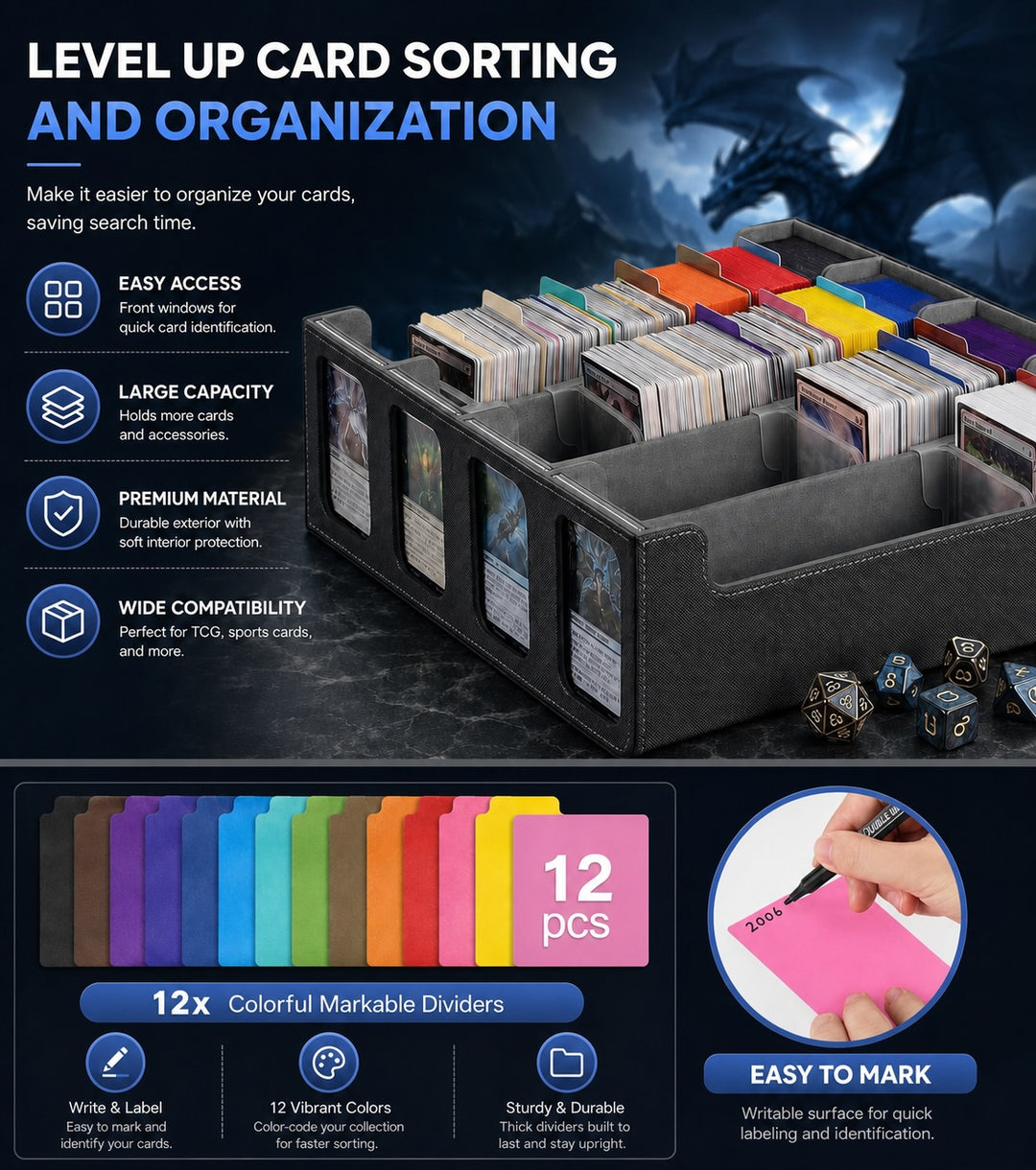 4-Row Trading Card Storage Box with Commander Display - Black & Gray