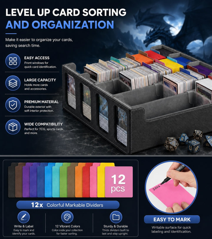 4-Row Trading Card Storage Box with Commander Display - Black & Gray