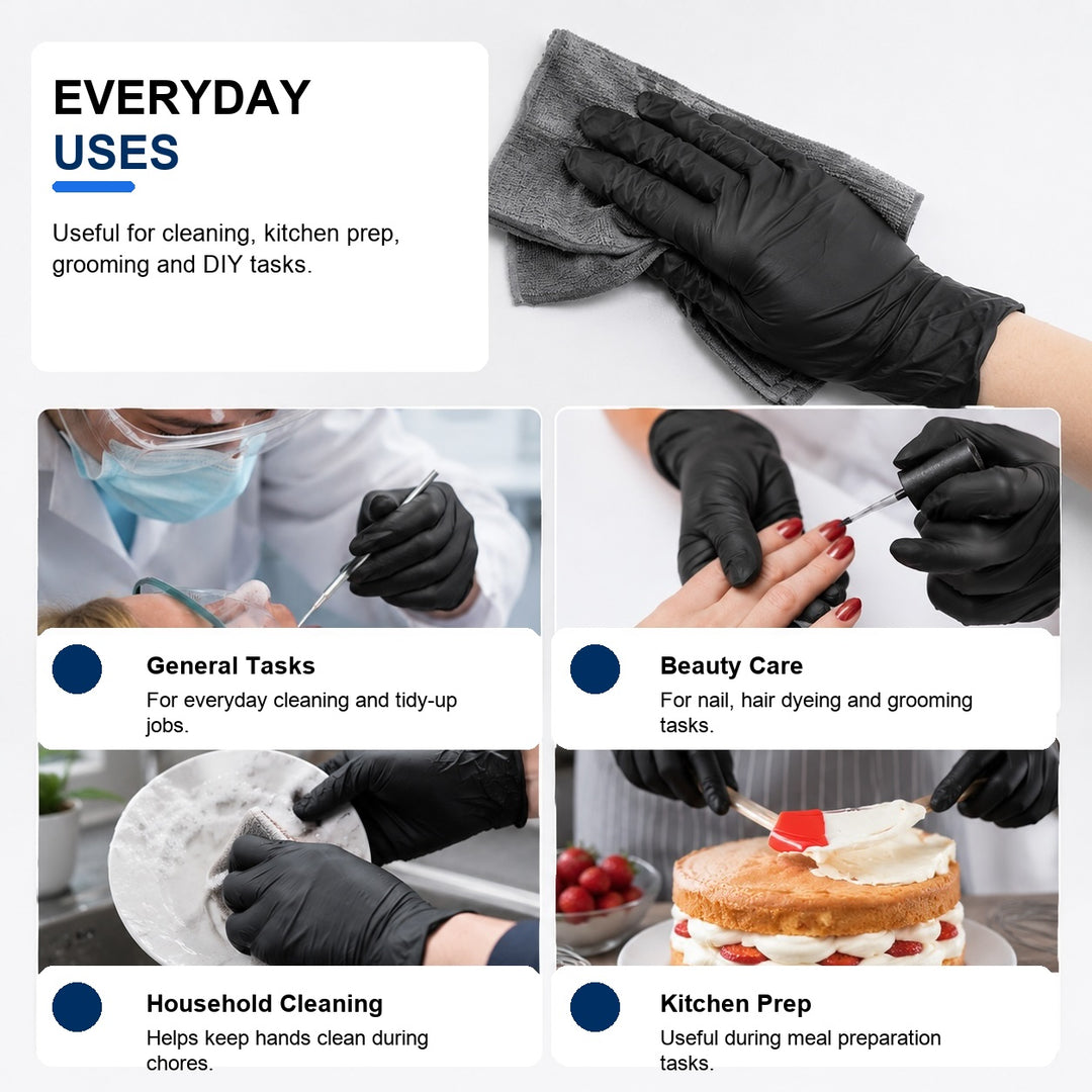 100 Pack Black Nitrile Disposable Gloves - Size L Powder-Free