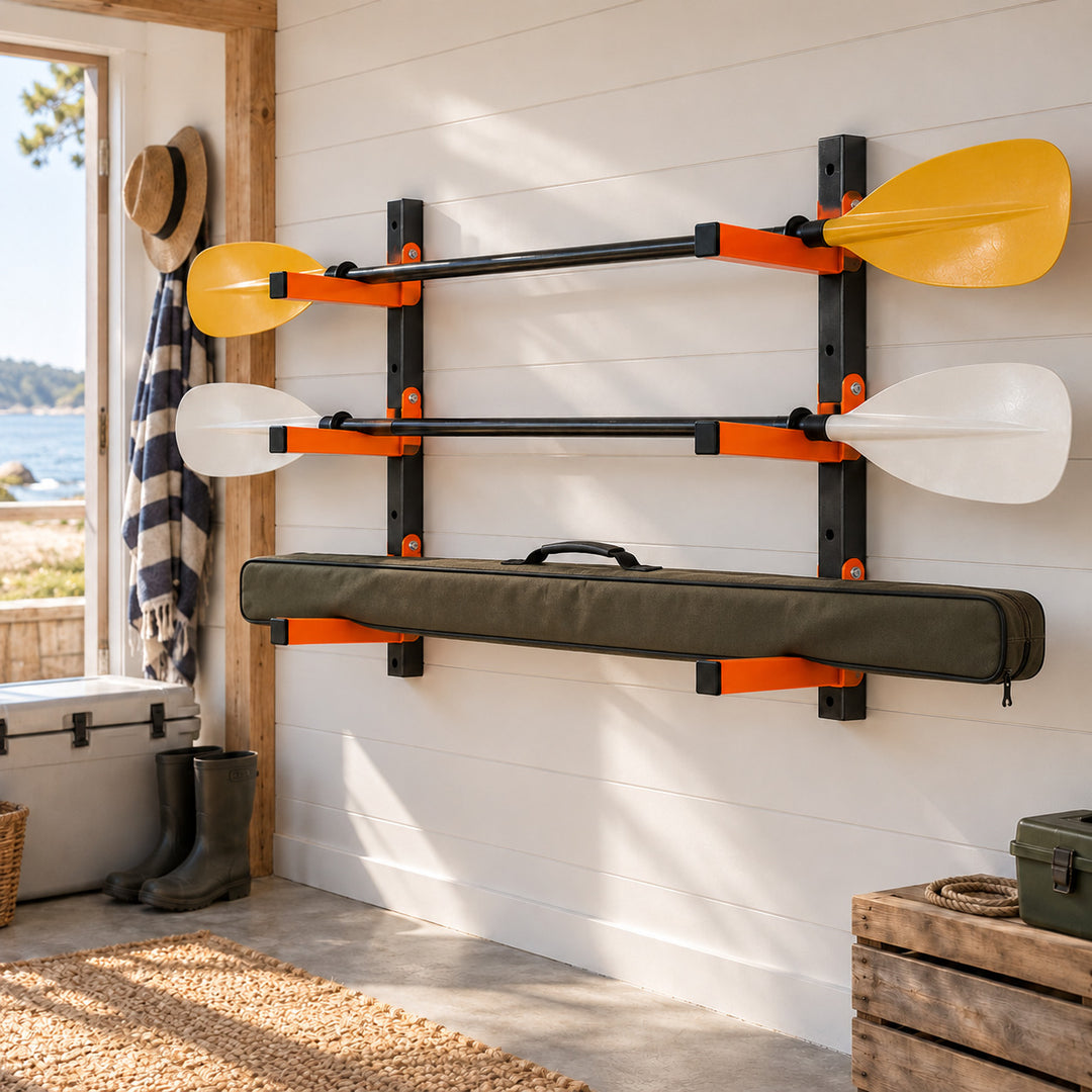 3-Tier Wall Mounted Folding Storage Rack for Long Items, Set of 2, Orange & Black