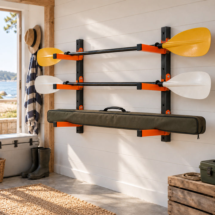 3-Tier Wall Mounted Folding Storage Rack for Long Items, Set of 2, Orange & Black