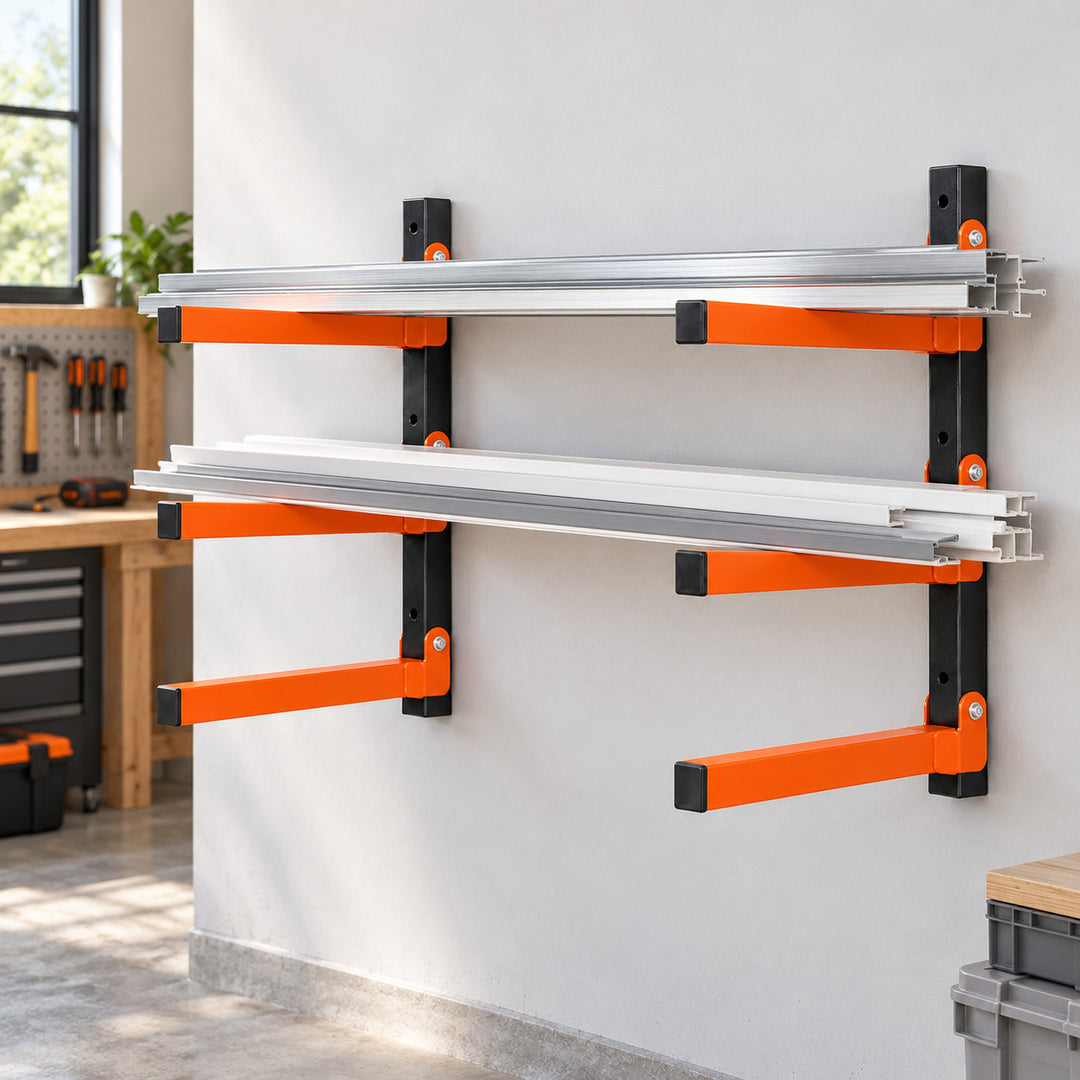 3-Tier Wall Mounted Folding Storage Rack for Long Items, Set of 2, Orange & Black
