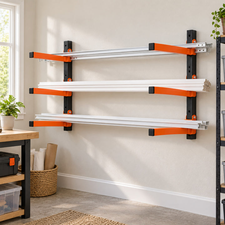3-Tier Wall Mounted Folding Storage Rack for Long Items, Set of 2, Orange & Black