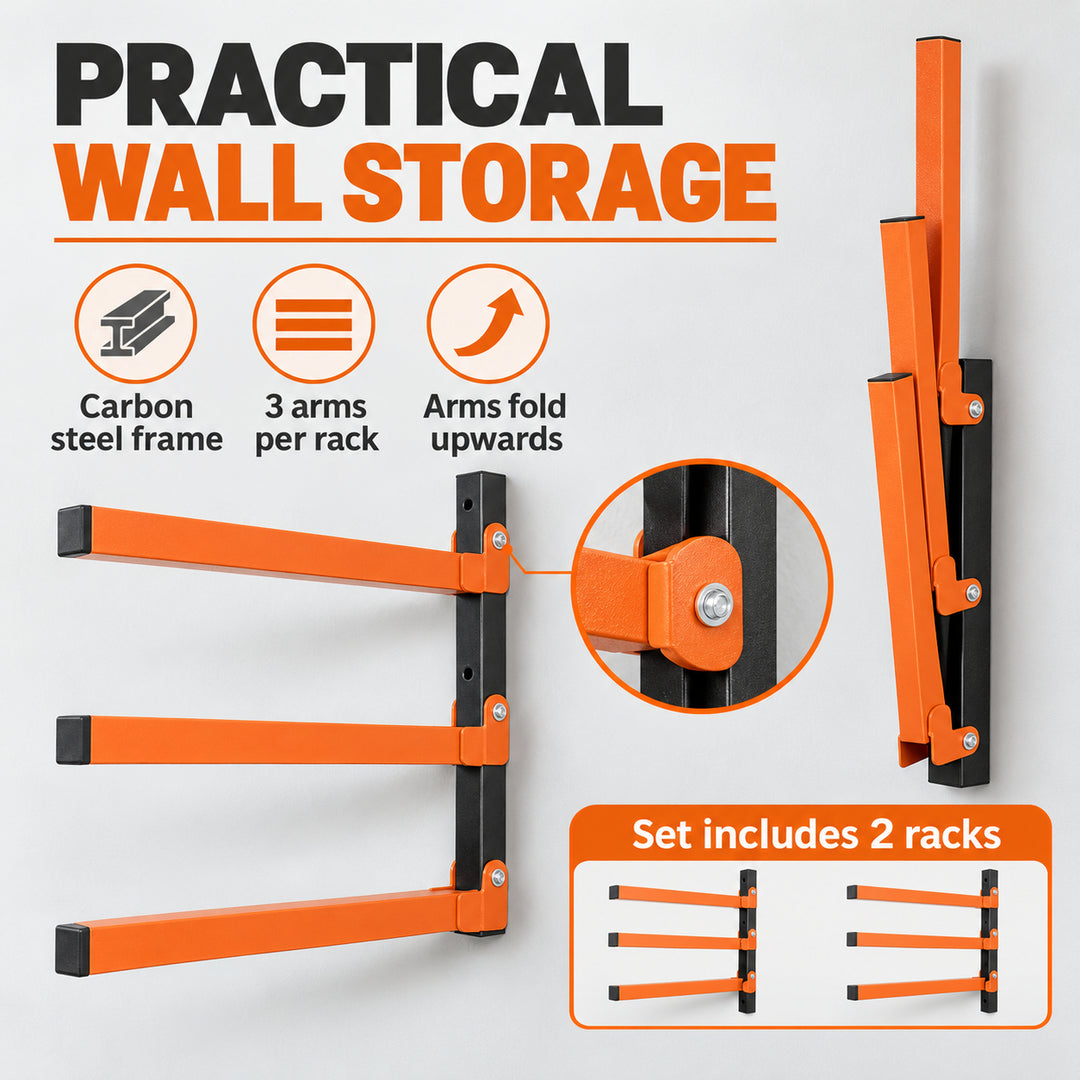 3-Tier Wall Mounted Folding Storage Rack for Long Items, Set of 2, Orange & Black