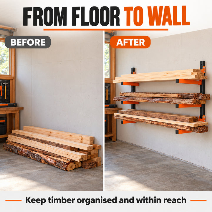 3-Tier Wall Mounted Folding Storage Rack for Long Items, Set of 2, Orange & Black