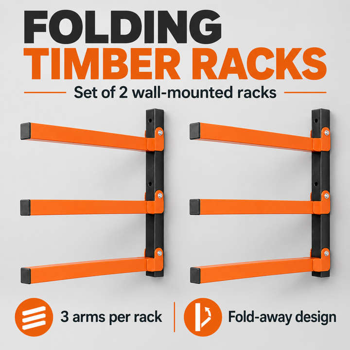 3-Tier Wall Mounted Folding Storage Rack for Long Items, Set of 2, Orange & Black