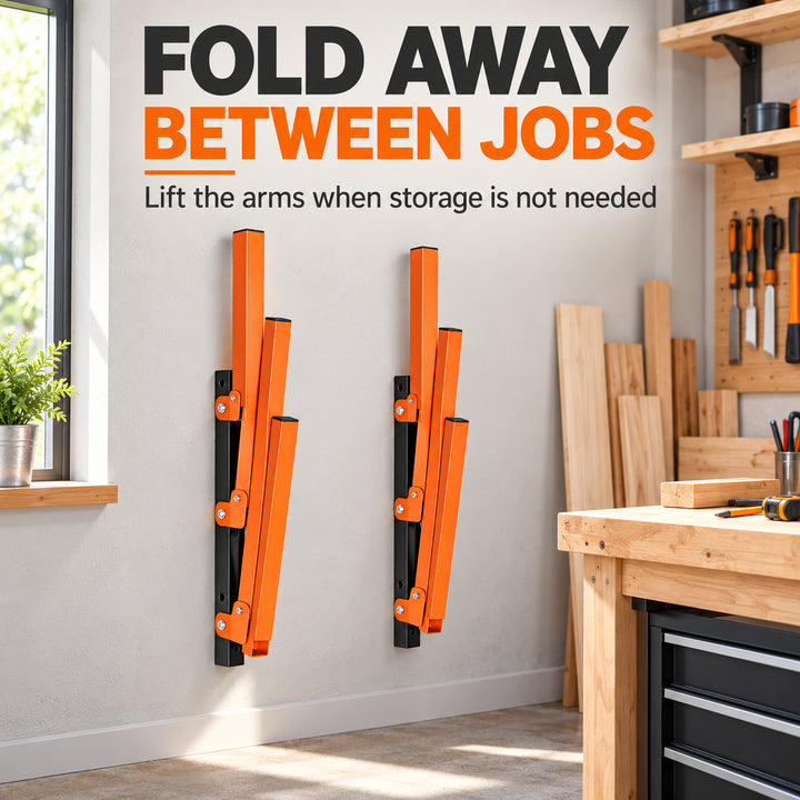 3-Tier Wall Mounted Folding Storage Rack for Long Items, Set of 2, Orange & Black