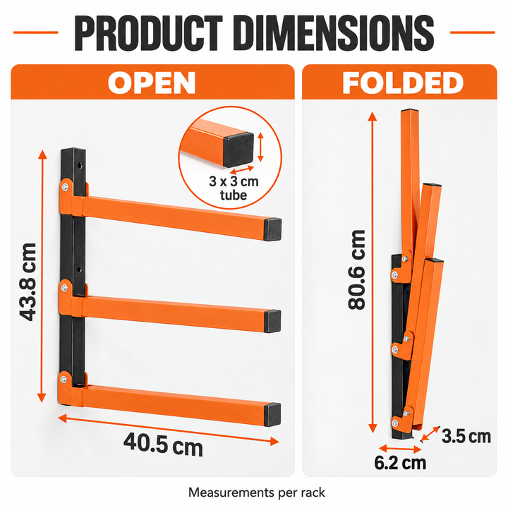 3-Tier Wall Mounted Folding Storage Rack for Long Items, Set of 2, Orange & Black