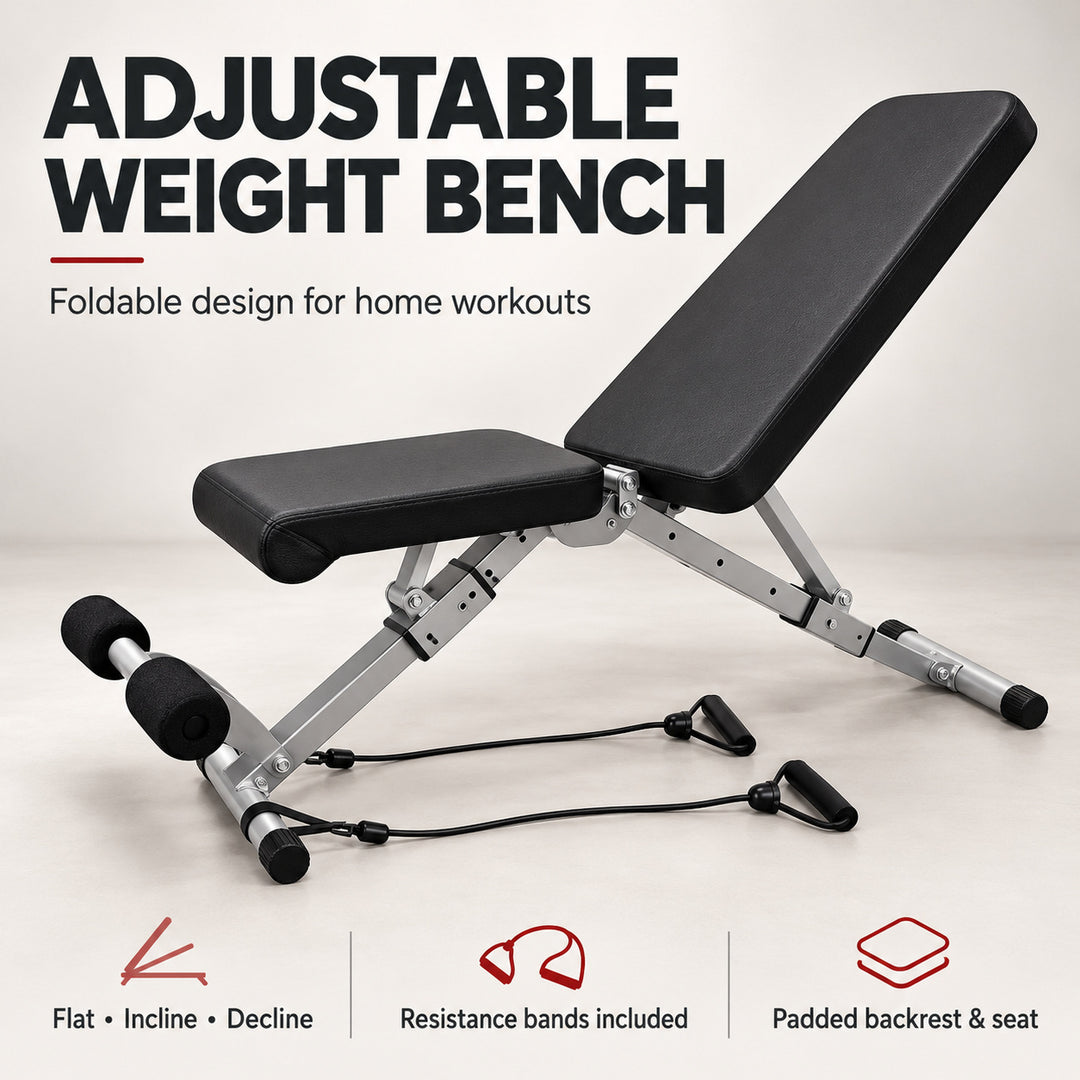 Adjustable Foldable Weight Bench with Resistance Bands - Home Gym Strength Training