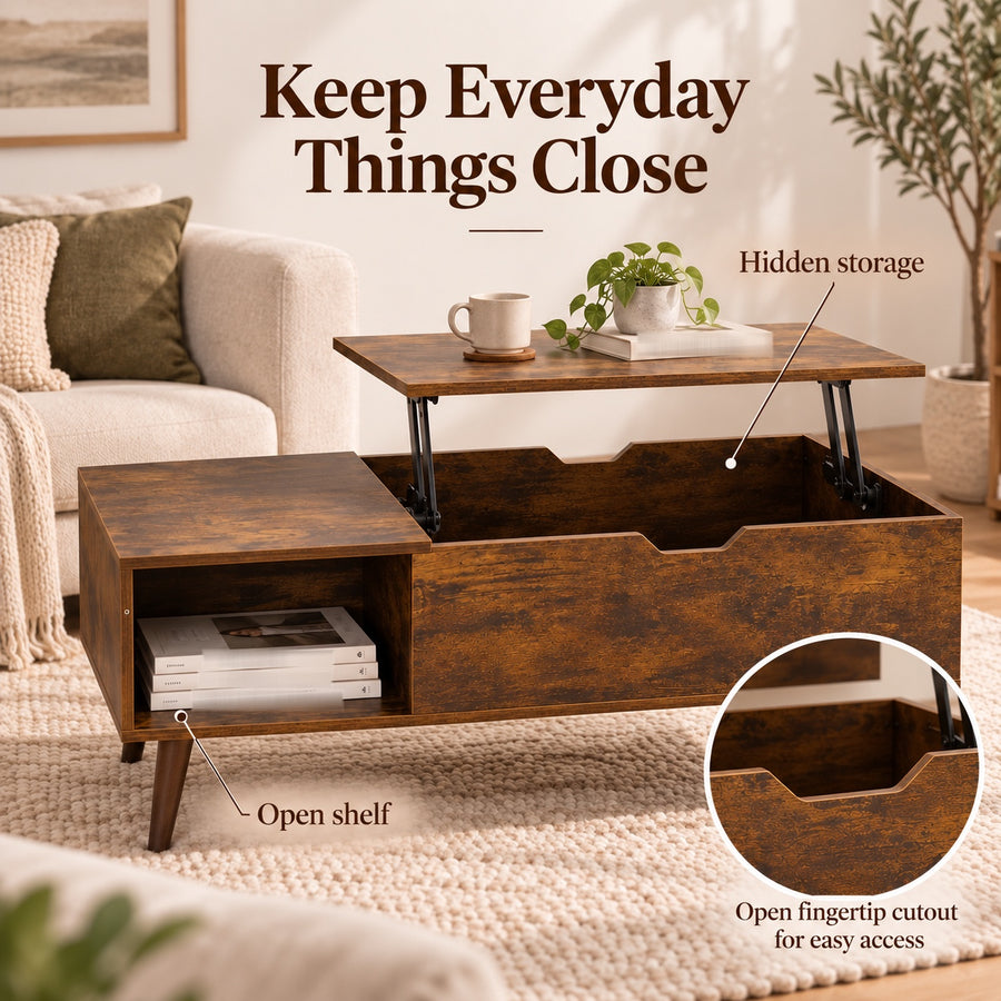 Lift Top Coffee Table with Hidden Storage - Brown, 100cm Living Room Table