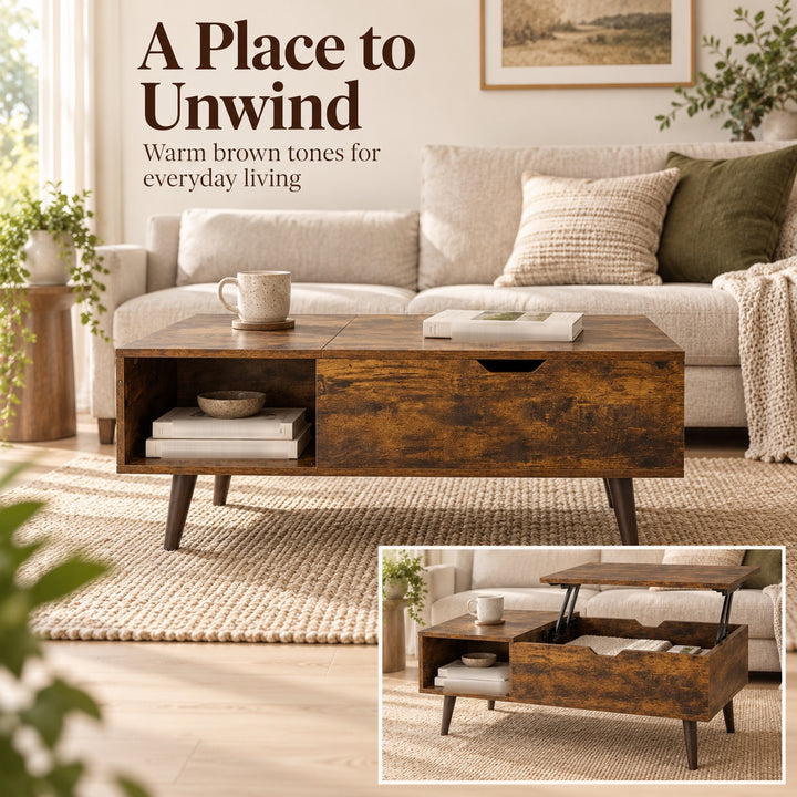 Lift Top Coffee Table with Hidden Storage - Brown, 100cm Living Room Table