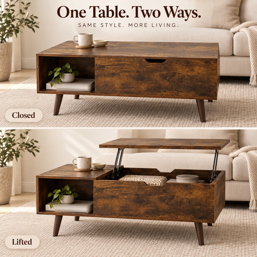 Lift Top Coffee Table with Hidden Storage - Brown, 100cm Living Room Table
