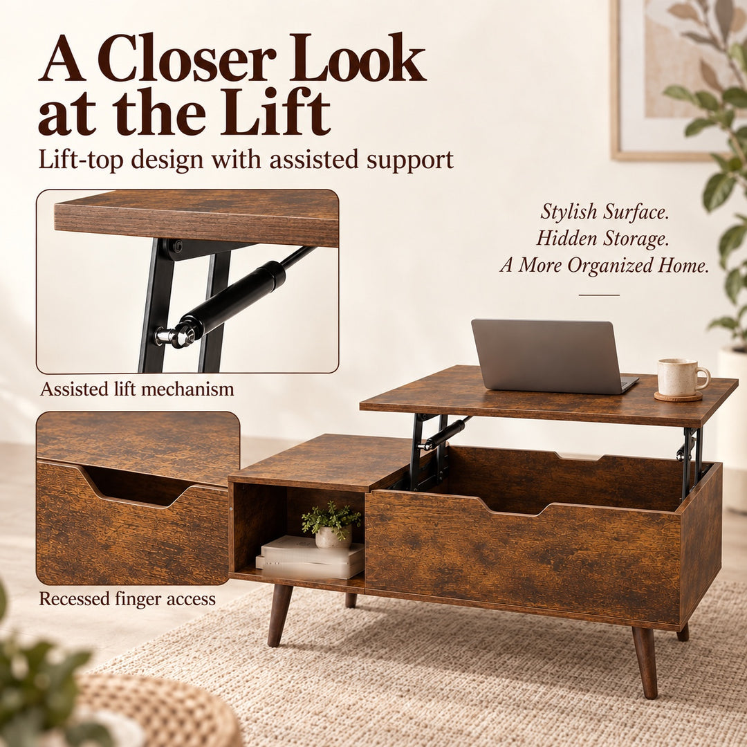 Lift Top Coffee Table with Hidden Storage - Brown, 100cm Living Room Table