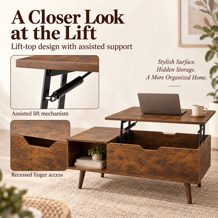 Lift Top Coffee Table with Hidden Storage - Brown, 100cm Living Room Table