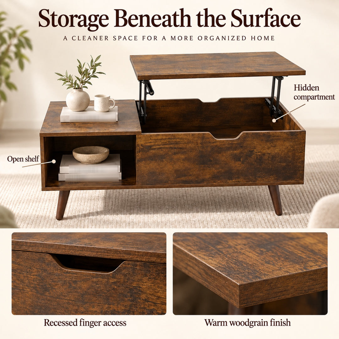 Lift Top Coffee Table with Hidden Storage - Brown, 100cm Living Room Table