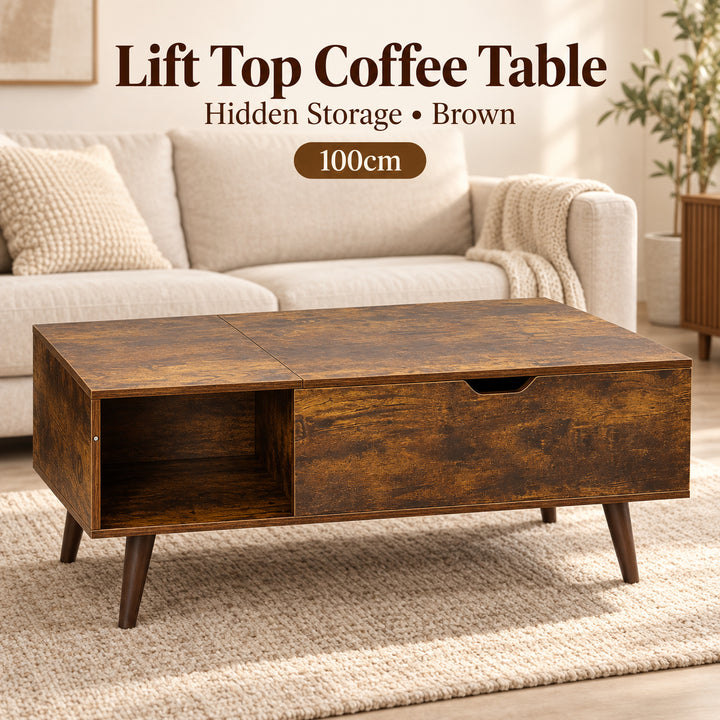 Lift Top Coffee Table with Hidden Storage - Brown, 100cm Living Room Table