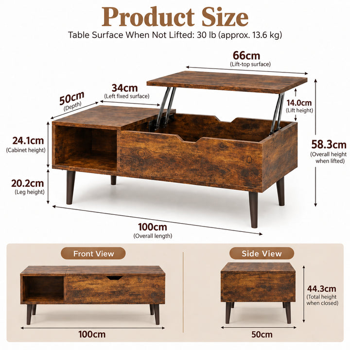 Lift Top Coffee Table with Hidden Storage - Brown, 100cm Living Room Table