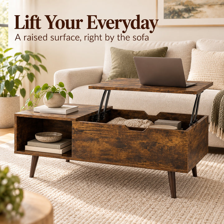 Lift Top Coffee Table with Hidden Storage - Brown, 100cm Living Room Table